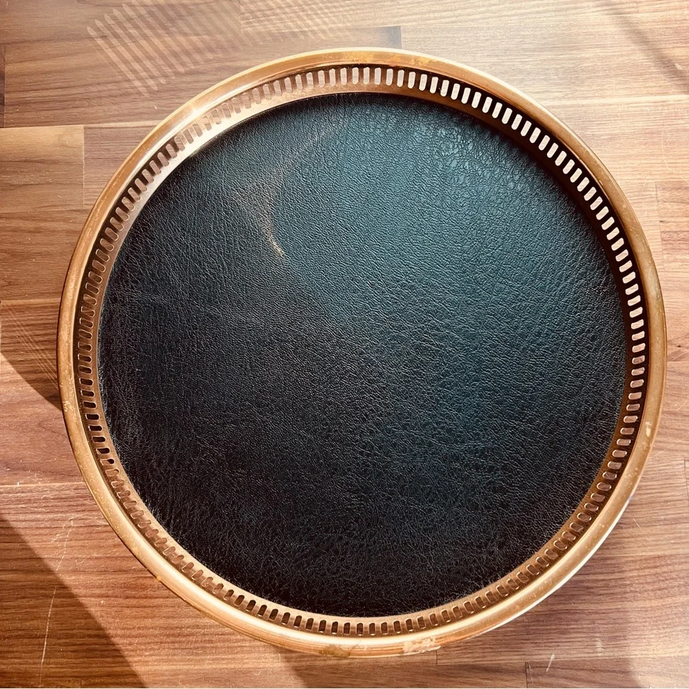 Vintage MCM Coppercraft Guild Drink Tray Wood Leather Copper Whiskey Bar Tray